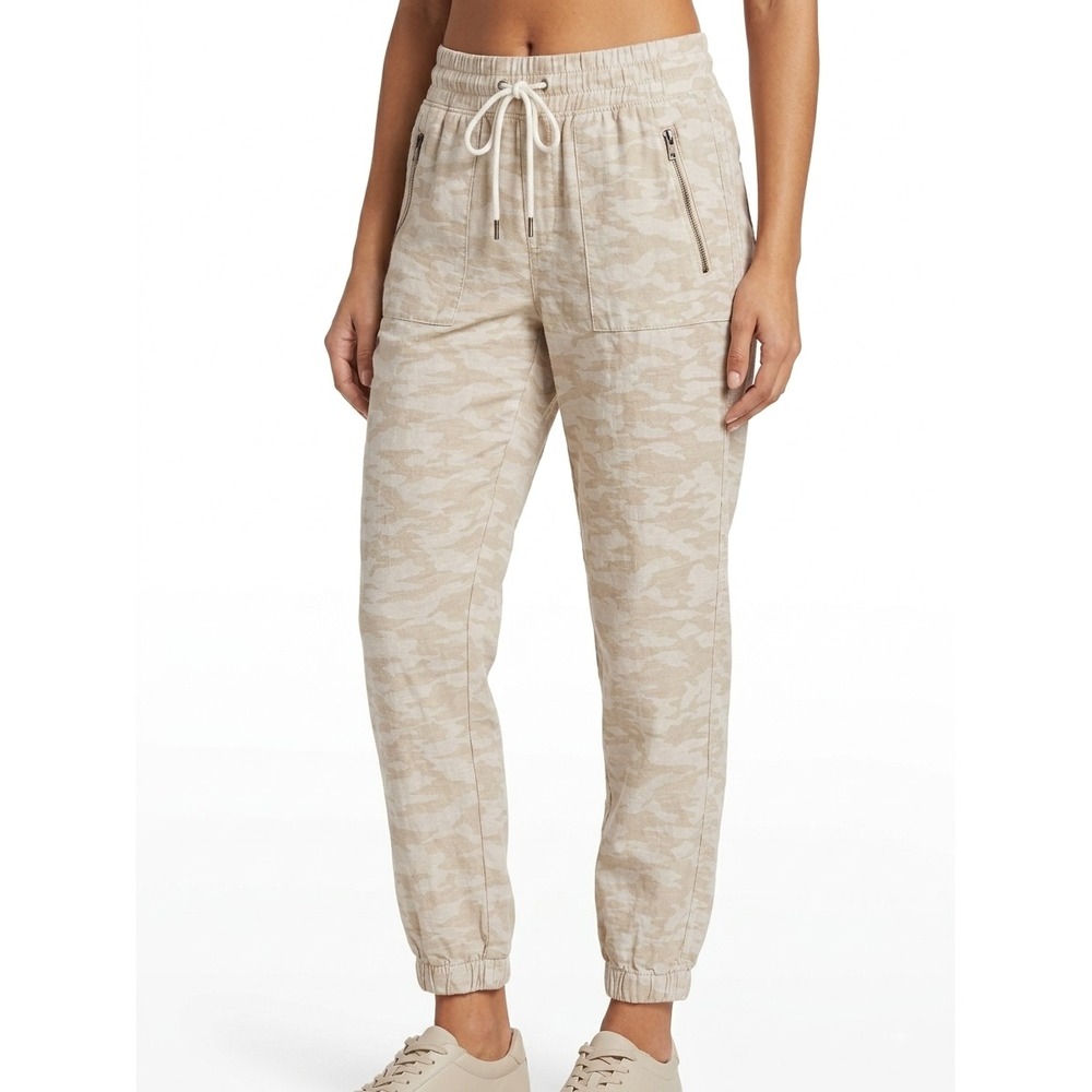 Athleta Cabo Tide Linen Jogger Pants Womens 4 Beige Camouflage Drawstring Waist
